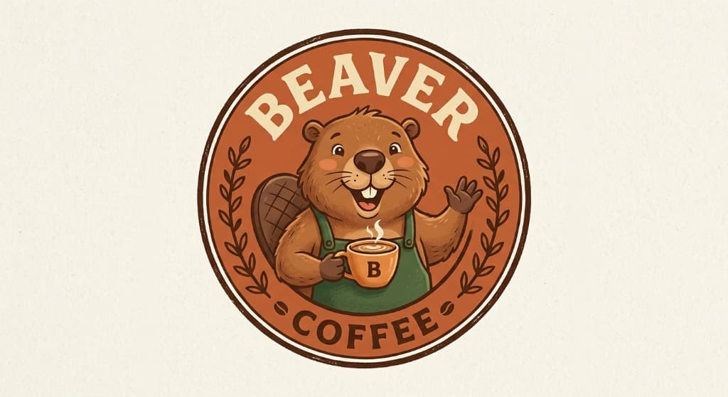 Beaver Coffee mascot holding a steaming cup